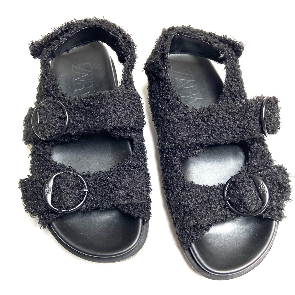 ZARA Black Faux Sherpa Fleece Double Buckle Sandal
